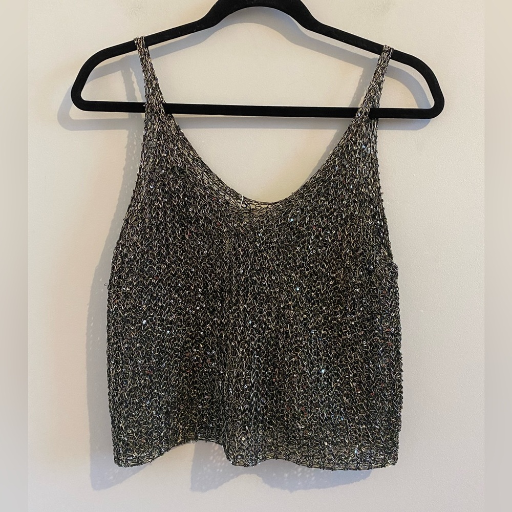 Metallic Gold & Black Sequin Slinky Sparkly Cropped Tank Top One Size